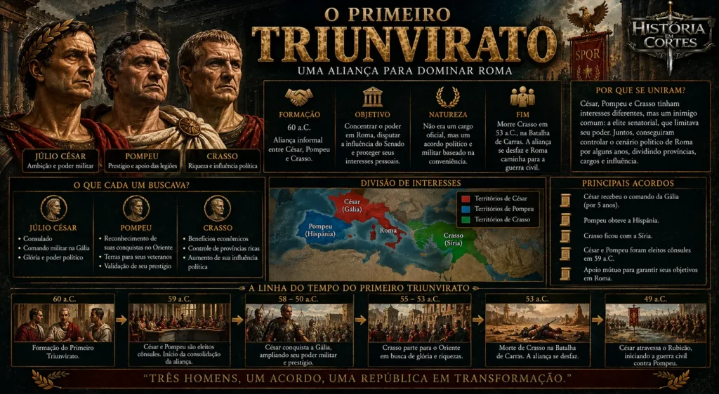 Infográfico sobre o Primeiro Triunvirato, aliança política entre Júlio César, Pompeu e Crasso durante a República Romana.