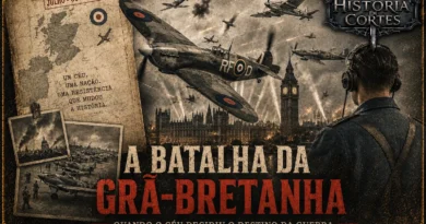 Capa sobre a Batalha da Grã-Bretanha, com aviões da RAF e da Luftwaffe sobre Londres durante a Segunda Guerra Mundial.