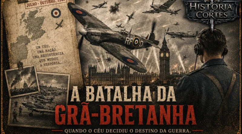 Capa sobre a Batalha da Grã-Bretanha, com aviões da RAF e da Luftwaffe sobre Londres durante a Segunda Guerra Mundial.