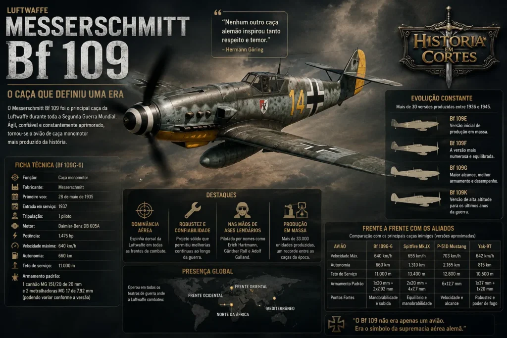 Infográfico do Messerschmitt Bf 109, principal caça da Luftwaffe durante a Segunda Guerra Mundial, com especificações técnicas, evolução das versões e comparação com outros caças aliados.