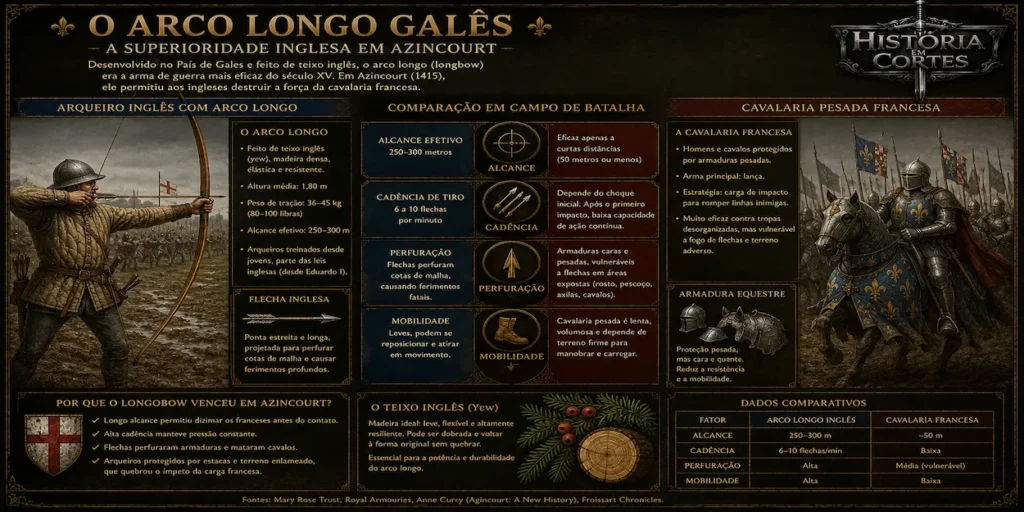 Infográfico comparando o arco longo galês com a cavalaria pesada francesa, destacando alcance, cadência de tiro, perfuração e mobilidade.