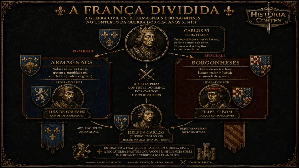 Infográfico mostrando as rivalidades políticas na França durante o reinado de Carlos VI, destacando Armagnacs, Borgonheses, o Delfim Carlos e Filipe, o Bom, com setas indicando alianças e conflitos.