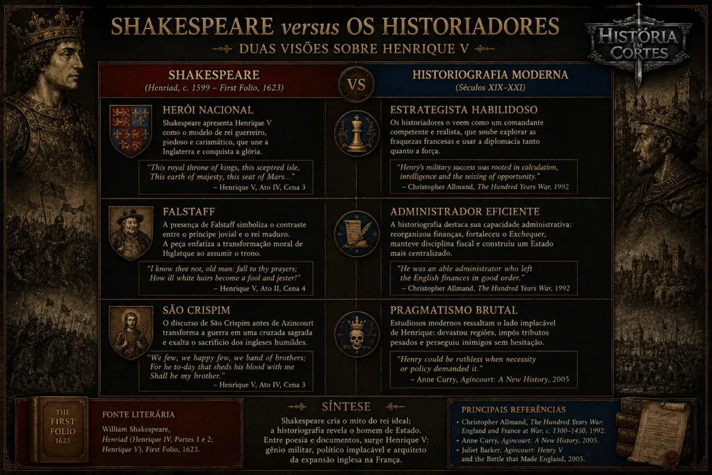 Quadro comparativo entre a visão de Shakespeare e a historiografia moderna sobre Henrique V, destacando herói nacional, Falstaff, São Crispim, pragmatismo e administração.