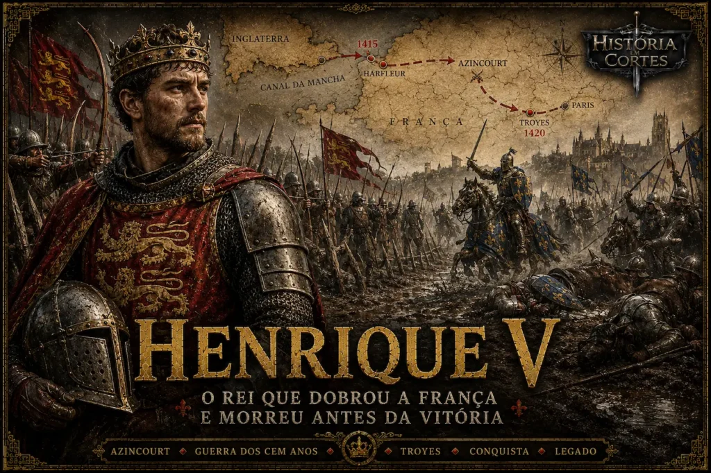 Ilustração histórica de Henrique V da Inglaterra durante a Batalha de Azincourt em 1415. O rei aparece em armadura diante de arqueiros ingleses e da cavalaria francesa, com mapa mostrando a campanha que levou ao Tratado de Troyes durante a Guerra dos Cem Anos.
