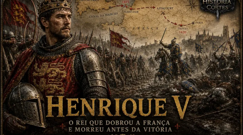 Ilustração histórica de Henrique V da Inglaterra durante a Batalha de Azincourt em 1415. O rei aparece em armadura diante de arqueiros ingleses e da cavalaria francesa, com mapa mostrando a campanha que levou ao Tratado de Troyes durante a Guerra dos Cem Anos.