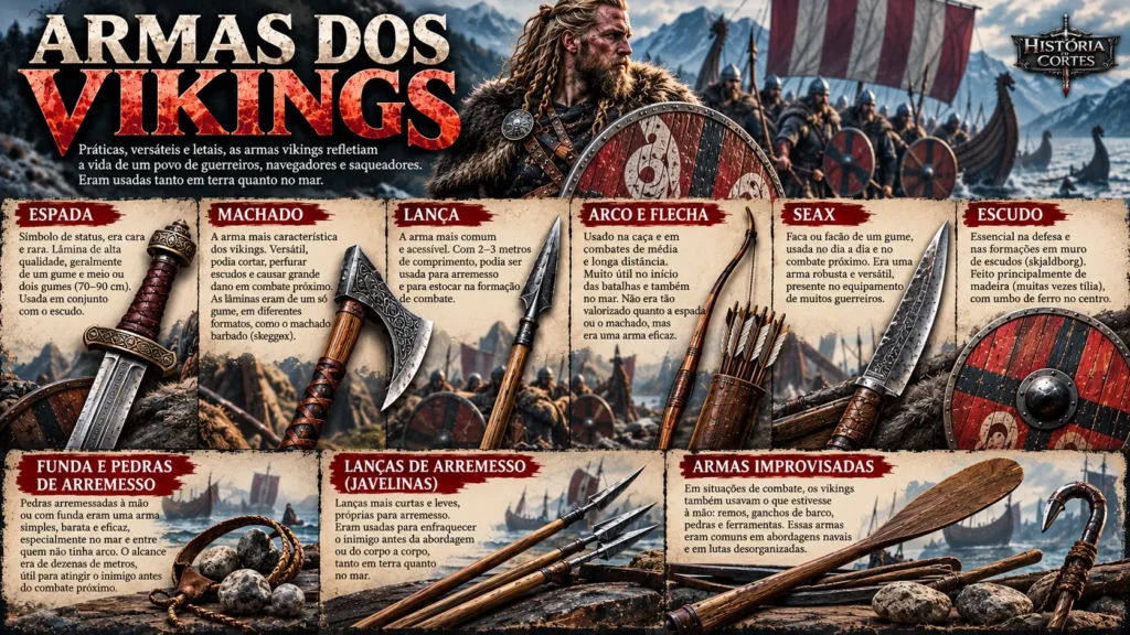 Infográfico sobre as armas dos vikings, incluindo espada, machado, lança, arco e flecha, seax, escudo, funda e lanças de arremesso.