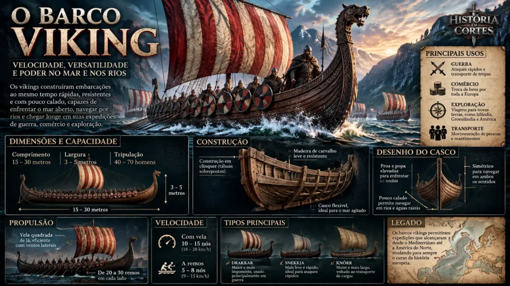 Infográfico sobre o barco viking mostrando construção, dimensões, velocidade, propulsão, principais tipos e usos das embarcações vikings.
