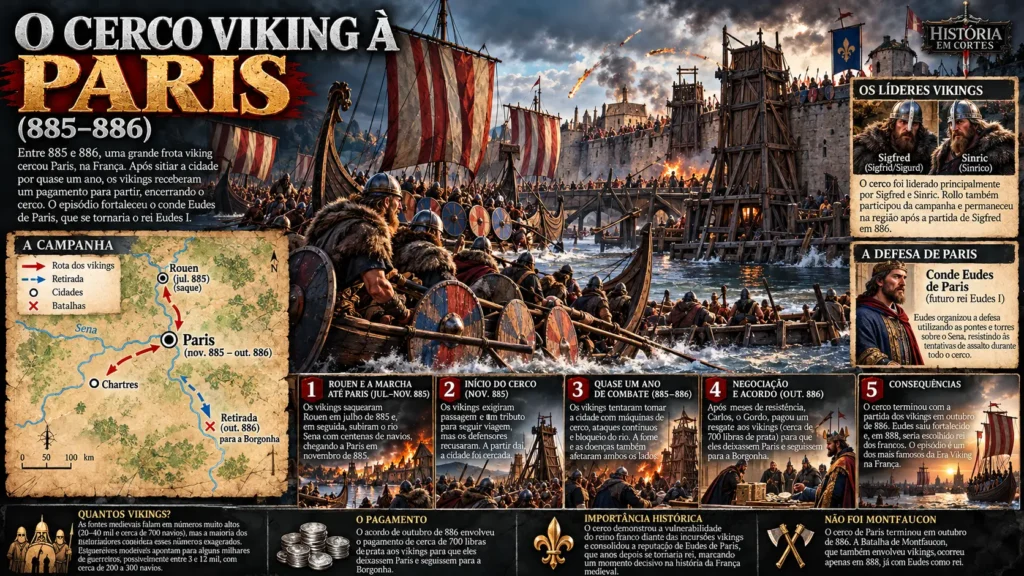 Infográfico sobre o Cerco Viking a Paris de 885–886, mostrando o ataque pelo rio Sena, a defesa de Eudes e o acordo que encerrou o cerco.