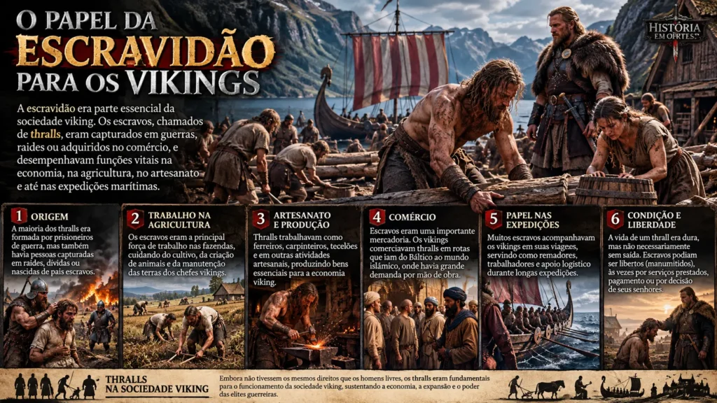 Infográfico sobre a escravidão entre os vikings e o papel dos thralls na agricultura, artesanato, comércio e expedições.