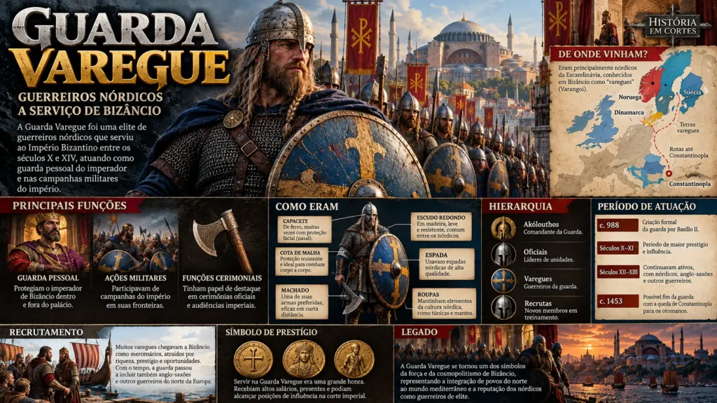 Infográfico sobre a Guarda Varegue, tropa de elite formada por guerreiros nórdicos e anglo-saxões que serviu aos imperadores do Império Bizantino.
