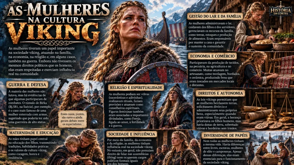 Infográfico sobre o papel das mulheres na cultura viking, abordando família, economia, religião, direitos, guerra e influência social.
