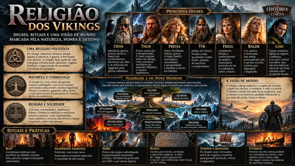 Infográfico sobre a religião viking, principais deuses nórdicos, Yggdrasil, os nove mundos e rituais religiosos da Era Viking.