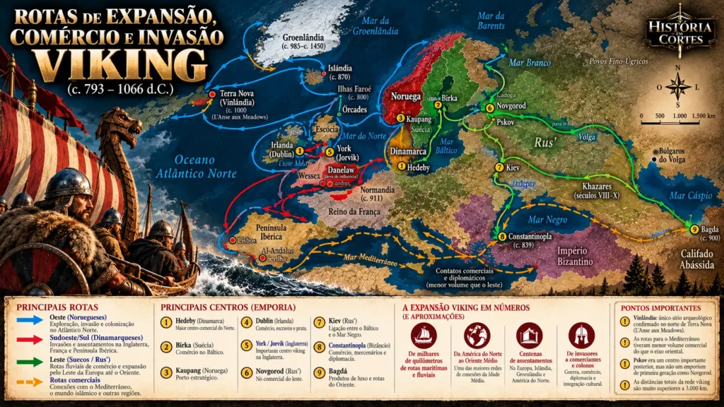 Mapa das rotas de expansão, comércio e invasão viking entre 793 e 1066, da América do Norte a Constantinopla e Bagdá.