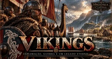Vikings em navios nórdicos navegando por um fiorde durante a Era Viking