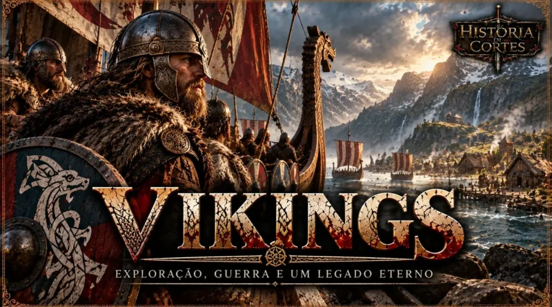 Vikings em navios nórdicos navegando por um fiorde durante a Era Viking