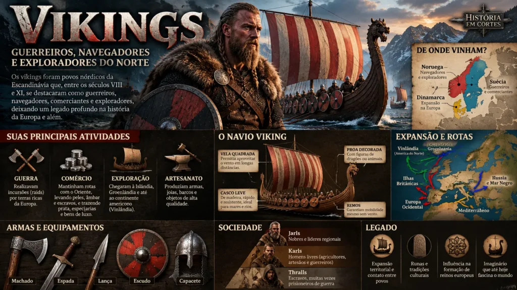 Infográfico sobre os vikings mostrando origem na Escandinávia, navios, armas, sociedade, comércio, exploração e rotas de expansão pela Europa e Atlântico Norte.