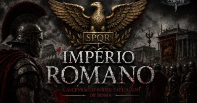 Imagem épica do Império Romano com legionário à esquerda, águia romana com SPQR ao centro, Coliseu e legiões ao fundo, e logotipo História em Cortes no canto superior direito.