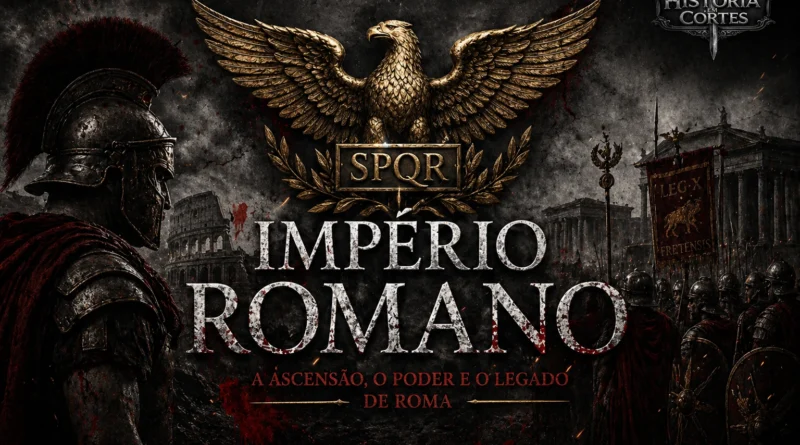 Imagem épica do Império Romano com legionário à esquerda, águia romana com SPQR ao centro, Coliseu e legiões ao fundo, e logotipo História em Cortes no canto superior direito.