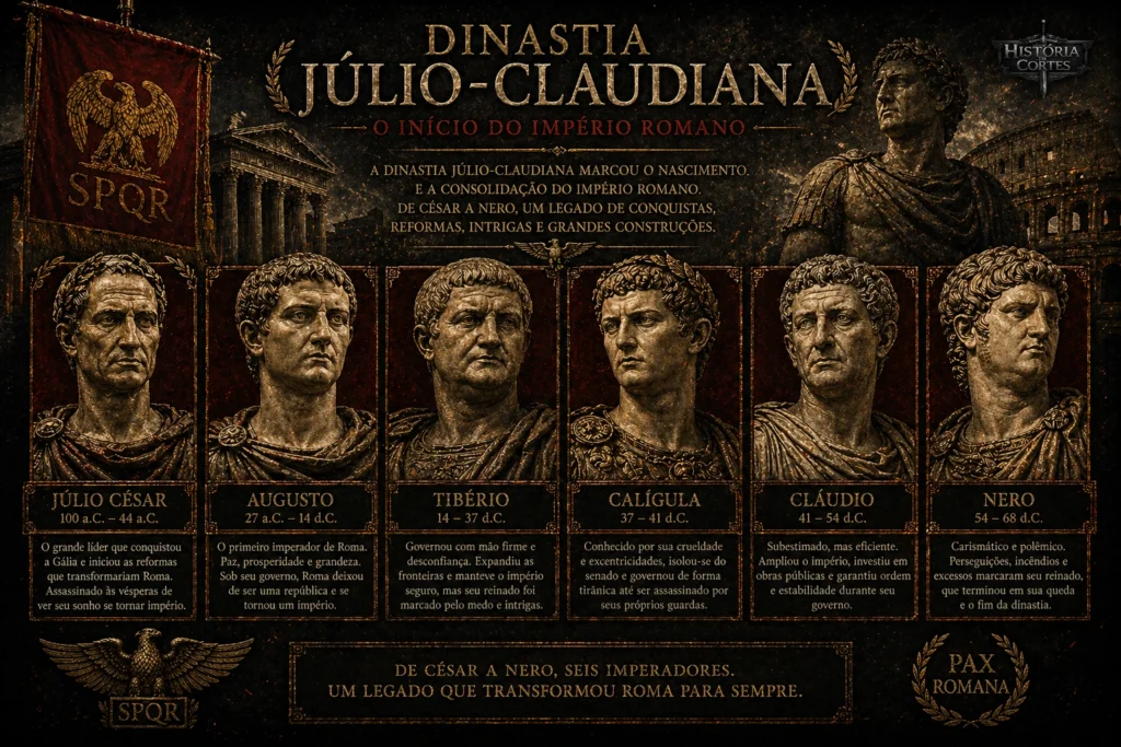 Representação da dinastia Júlio-Claudiana com Júlio César, Augusto, Tibério, Calígula, Cláudio e Nero, primeiros governantes do Império Romano.