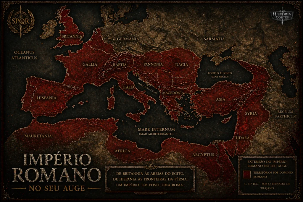 Mapa do Império Romano no seu auge, destacando os territórios da Europa, Norte da África e Ásia sob domínio romano, com identificação de regiões como Hispania, Gália, Itália, Egito e Ásia.