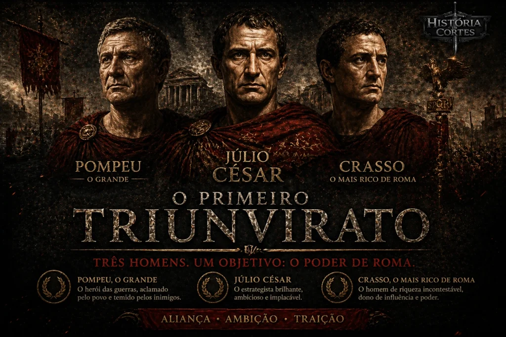 Representação do Primeiro Triunvirato com Júlio César, Pompeu e Crasso, três líderes romanos que formaram uma aliança política para dominar Roma.