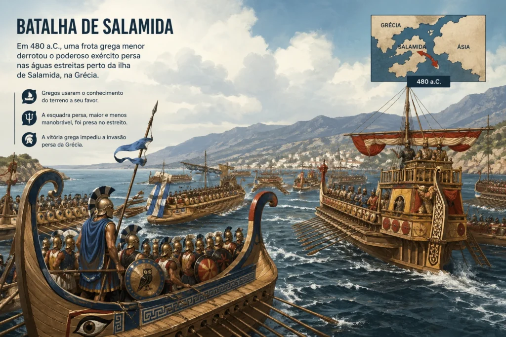 Batalha de Salamina com trirremes gregos enfrentando a frota persa em estreito marítimo