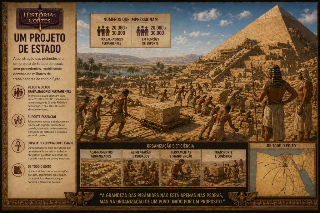 Construção da Pirâmide de Quéops com trabalhadores egípcios transportando blocos de pedra, mostrando a organização do trabalho no Egito Antigo