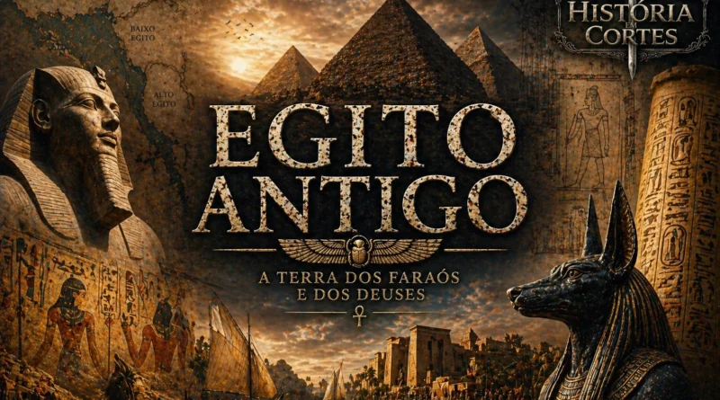 Egito Antigo com pirâmides, faraó e o deus Anúbis às margens do rio Nilo