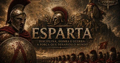 Guerreiros espartanos em formação de falange com escudos e lanças, representando a disciplina militar de Esparta na Grécia Antiga