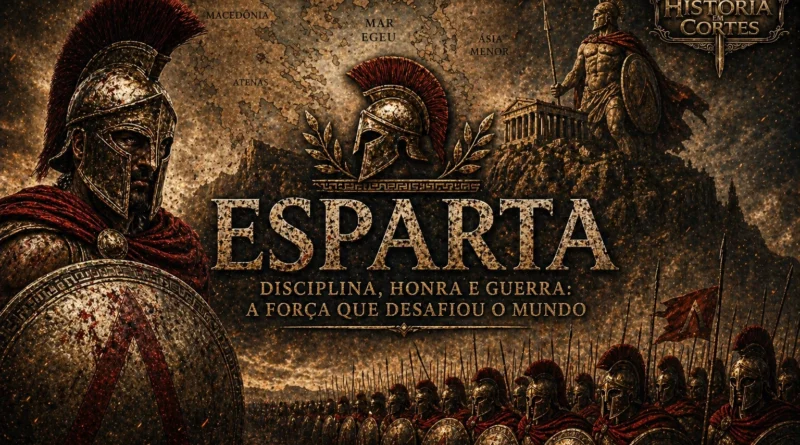 Guerreiros espartanos em formação de falange com escudos e lanças, representando a disciplina militar de Esparta na Grécia Antiga