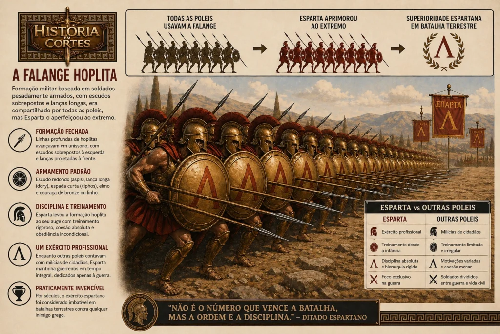 Formação da falange espartana com hoplitas alinhados e escudos sobrepostos em batalha