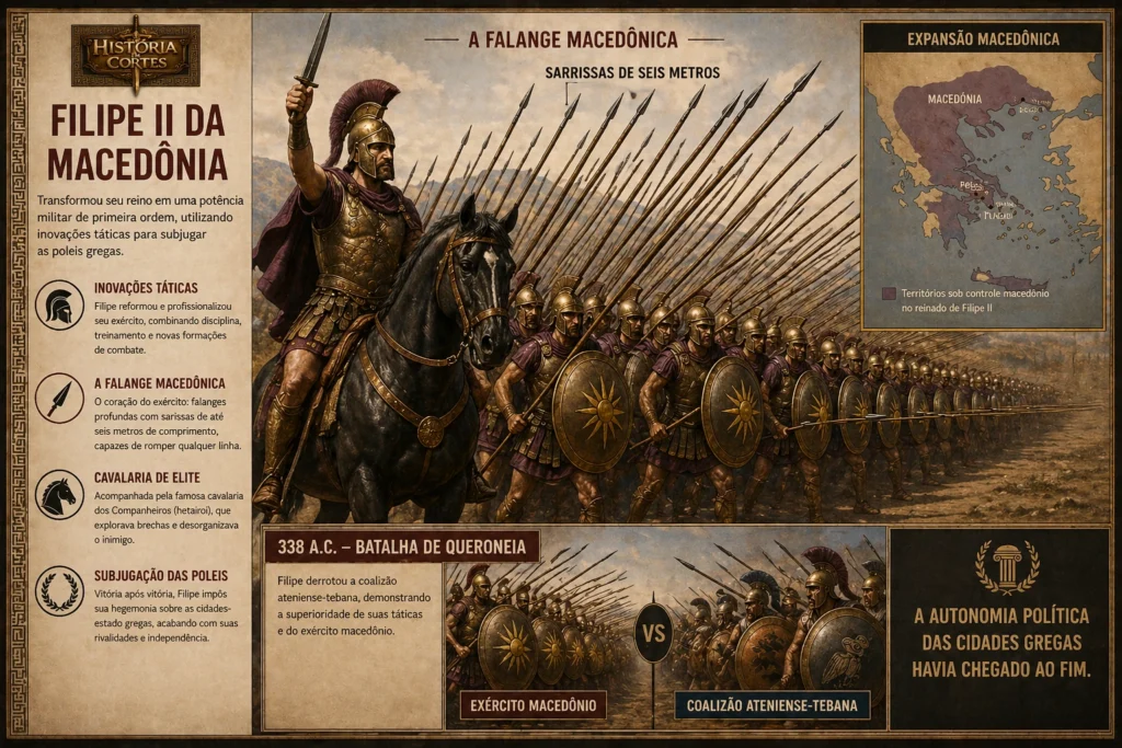 Filipe II da Macedônia liderando a falange macedônica com sarissas em formação de batalha