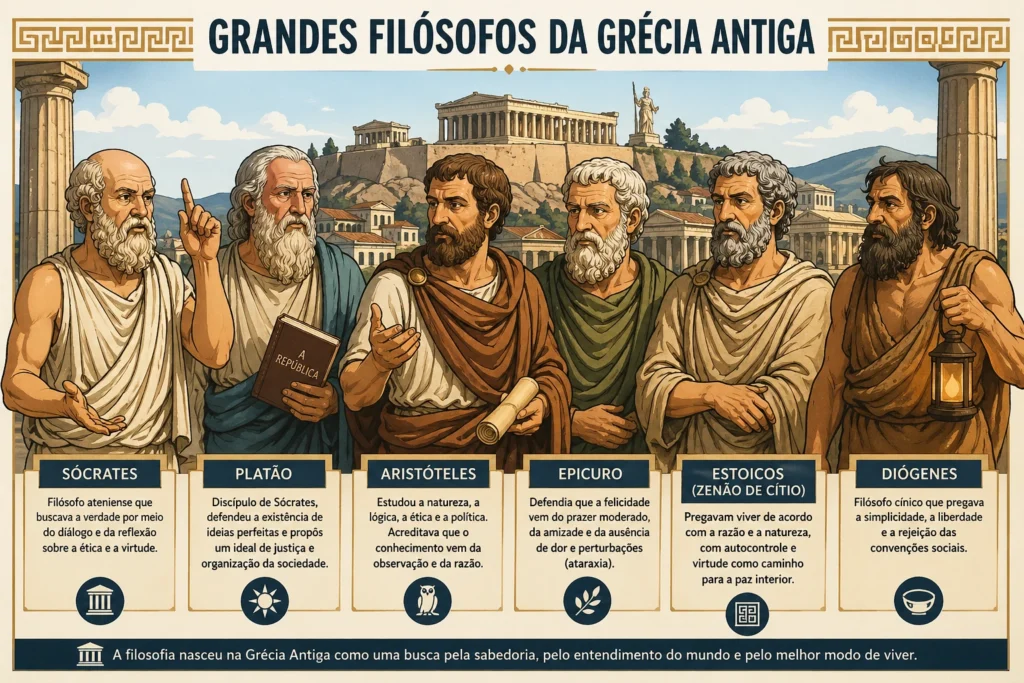 Principais filósofos da Grécia Antiga como Sócrates, Platão, Aristóteles, Epicuro e Diógenes