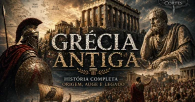 Ilustração da Grécia Antiga com mapa, Partenon, democracia ateniense, guerreiro espartano e navio grego