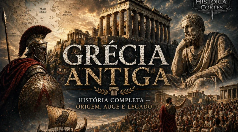 Ilustração da Grécia Antiga com mapa, Partenon, democracia ateniense, guerreiro espartano e navio grego