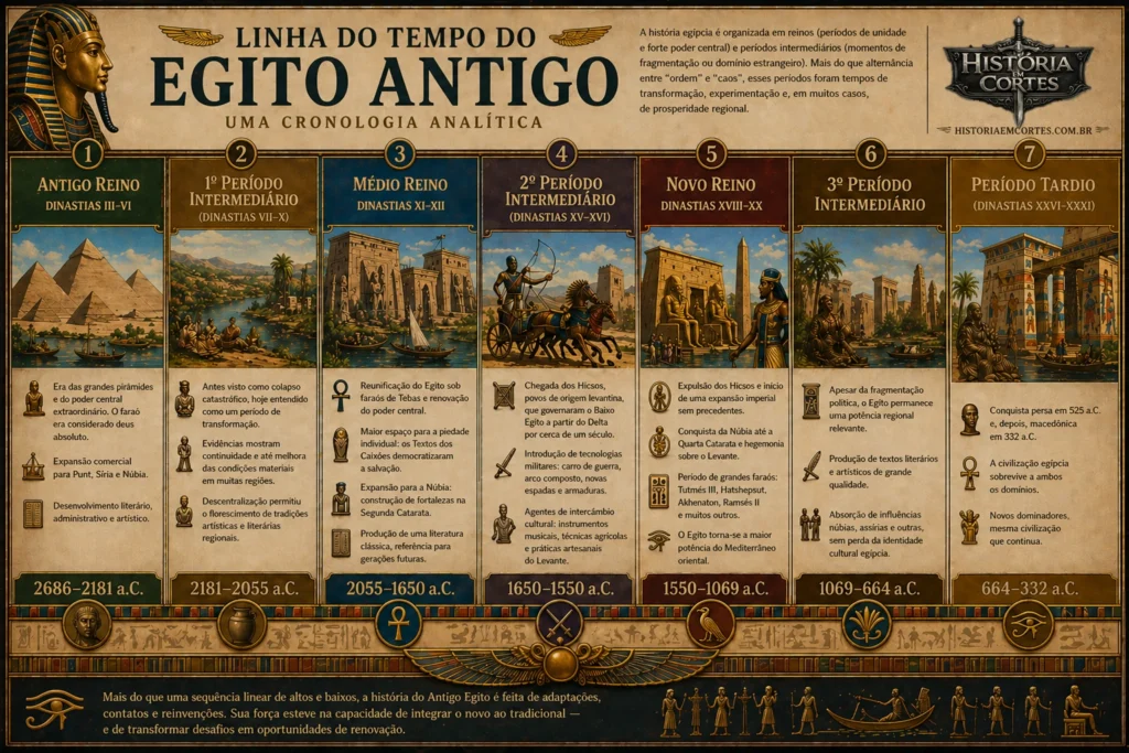 Linha do tempo do Egito Antigo mostrando Antigo Reino, Médio Reino, Novo Reino e períodos intermediários com datas e características principais