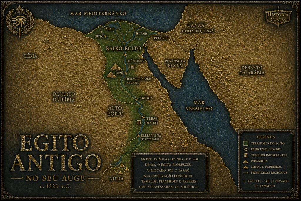 Mapa do Egito Antigo destacando o rio Nilo, Alto e Baixo Egito, principais cidades como Mênfis, Tebas e Gizé