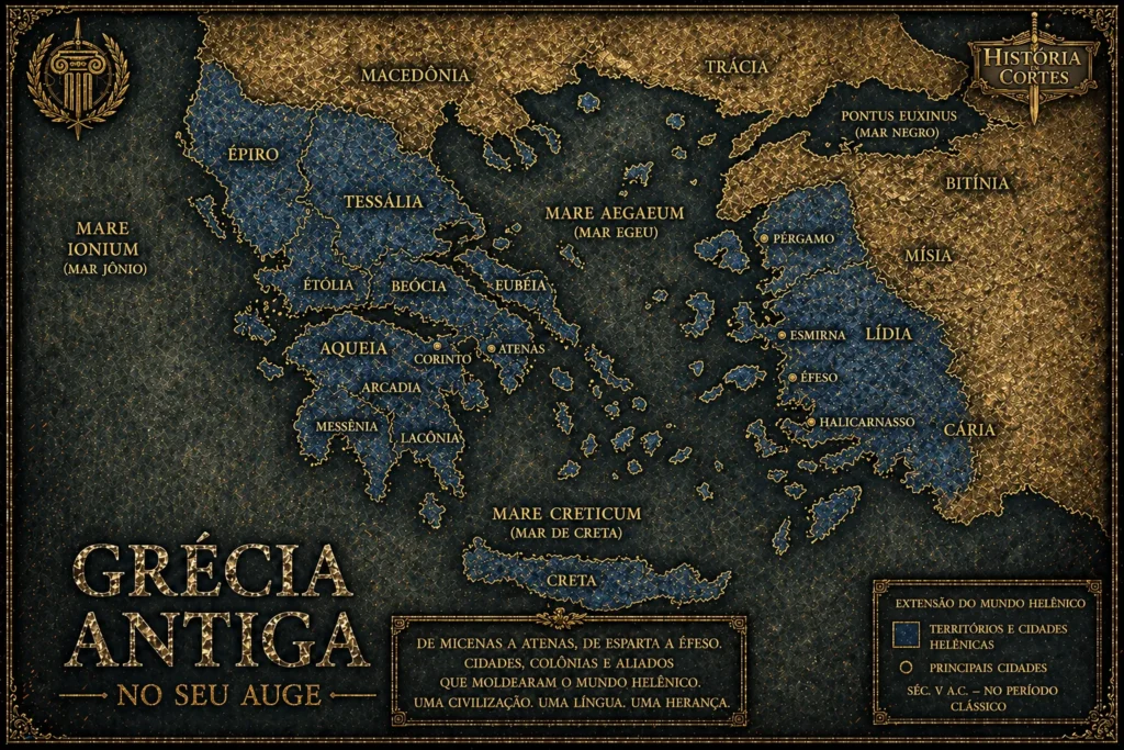 Mapa da Grécia Antiga mostrando Atenas, Esparta, Mar Egeu e expansão do mundo helênico