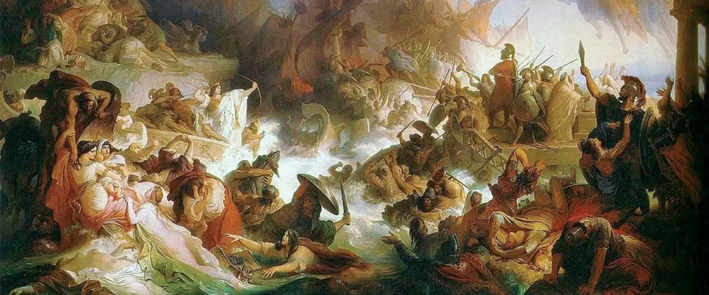 Representação artística da destruição de Atenas durante a invasão persa de 480 a.C., com civis e combatentes em meio ao caos provocado pelo avanço das tropas de Xerxes.