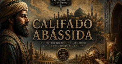 Ilustração do Califado Abássida durante a Idade de Ouro Islâmica, com Bagdá, estudiosos e arquitetura medieval islâmica.