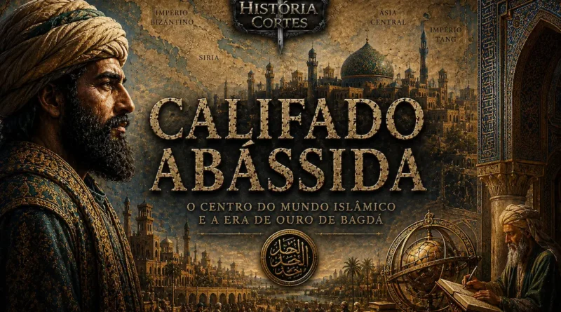Ilustração do Califado Abássida durante a Idade de Ouro Islâmica, com Bagdá, estudiosos e arquitetura medieval islâmica.