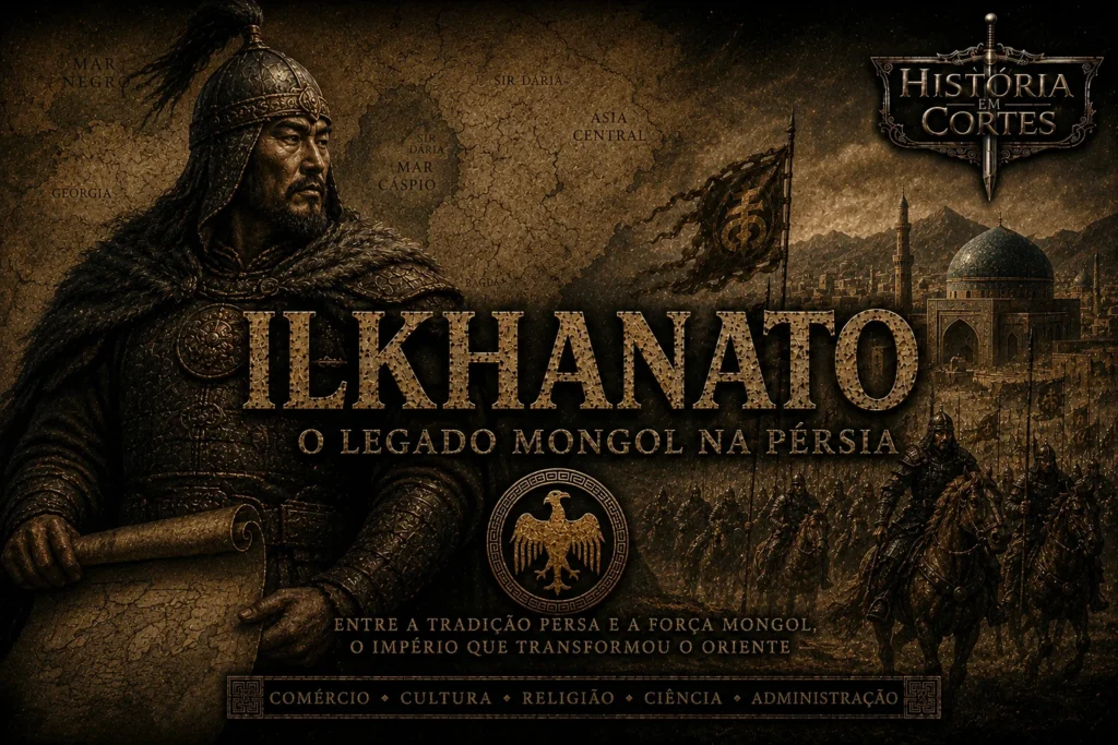 Capa histórica do Ilkhanato mostrando guerreiro mongol, cavalaria e cidade persa medieval.