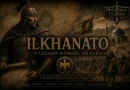 Capa histórica do Ilkhanato mostrando guerreiro mongol, cavalaria e cidade persa medieval.