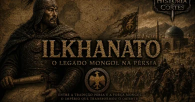 Capa histórica do Ilkhanato mostrando guerreiro mongol, cavalaria e cidade persa medieval.