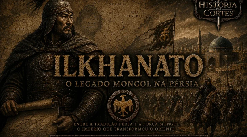 Capa histórica do Ilkhanato mostrando guerreiro mongol, cavalaria e cidade persa medieval.