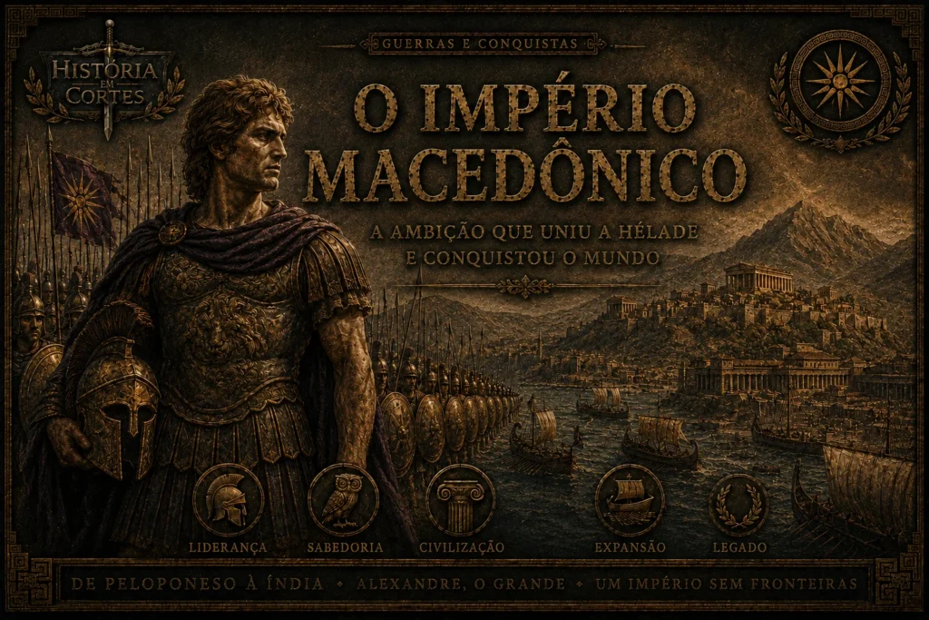 Capa artística sobre o Império Macedônio com Alexandre, o Grande, exército macedônico e cidades da Grécia Antiga.