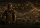 Capa artística sobre o Império Macedônio com Alexandre, o Grande, exército macedônico e cidades da Grécia Antiga.