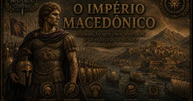 Capa artística sobre o Império Macedônio com Alexandre, o Grande, exército macedônico e cidades da Grécia Antiga.