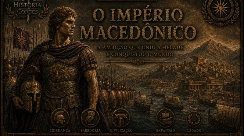 Capa artística sobre o Império Macedônio com Alexandre, o Grande, exército macedônico e cidades da Grécia Antiga.