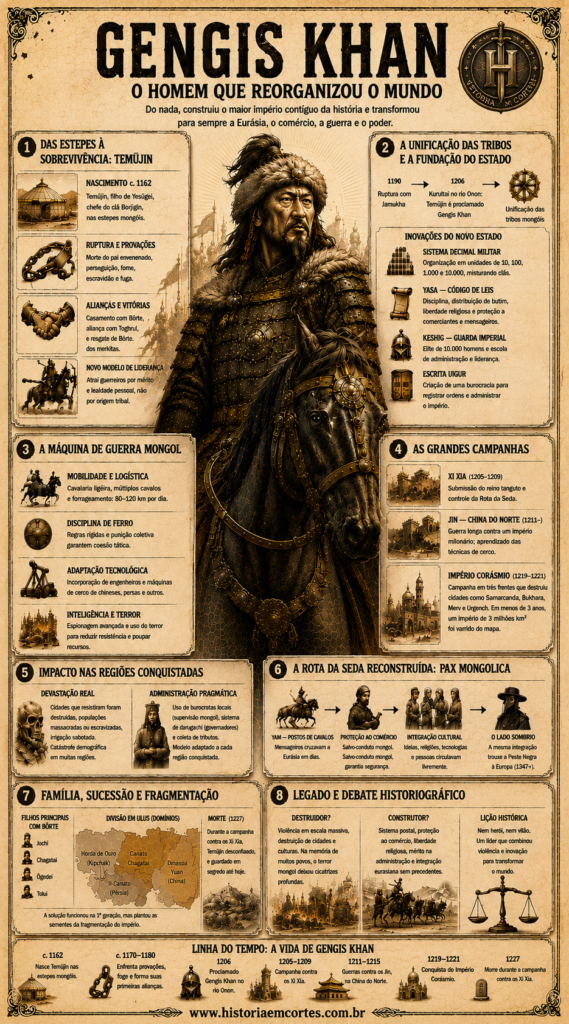 Infográfico histórico sobre Gengis Khan mostrando sua ascensão nas estepes mongóis, conquistas militares, organização do Império Mongol, Pax Mongolica e legado histórico.